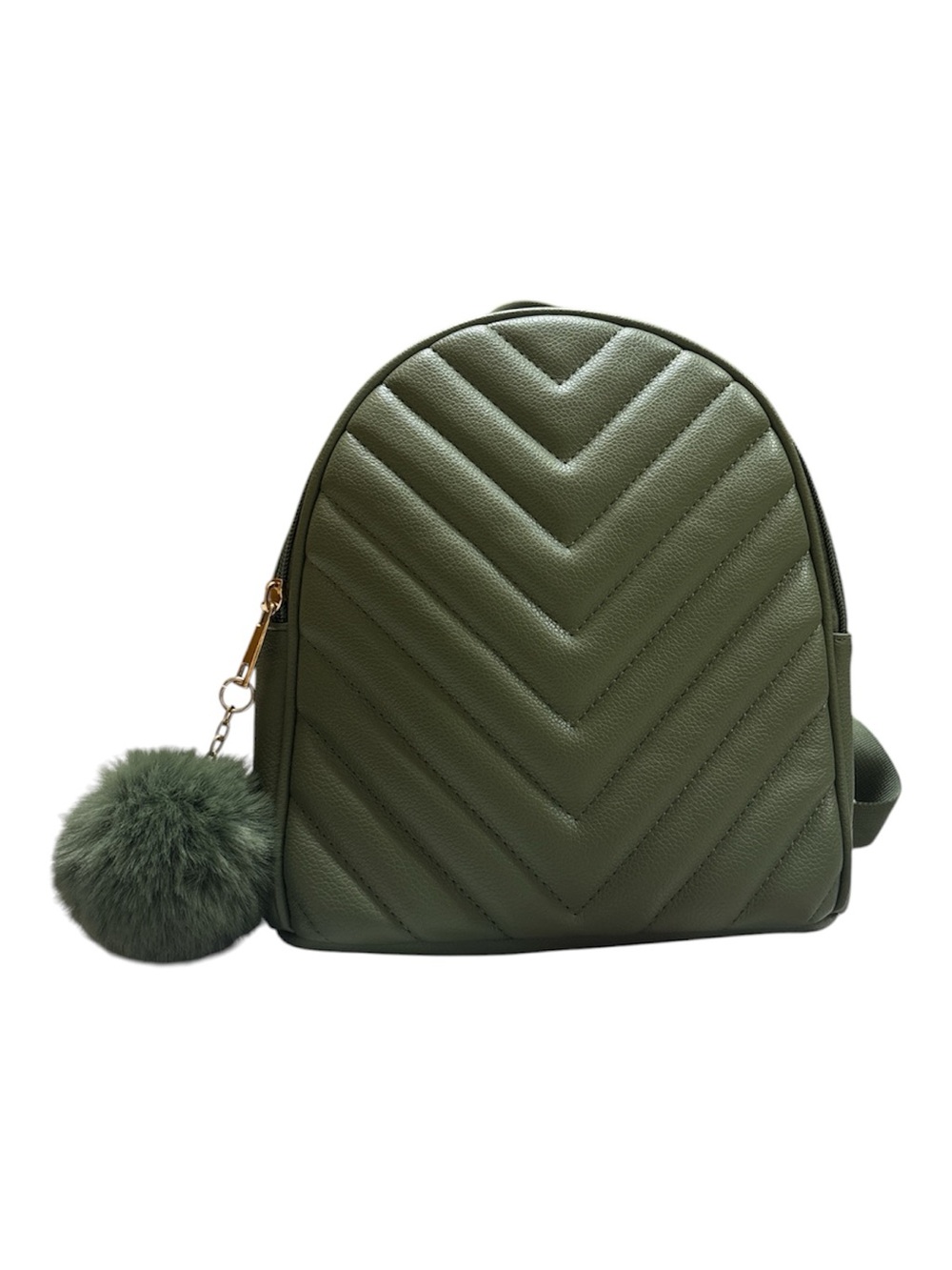 Quilted Olive Green Women's mini Backpack Purse with Pom‎ Pom